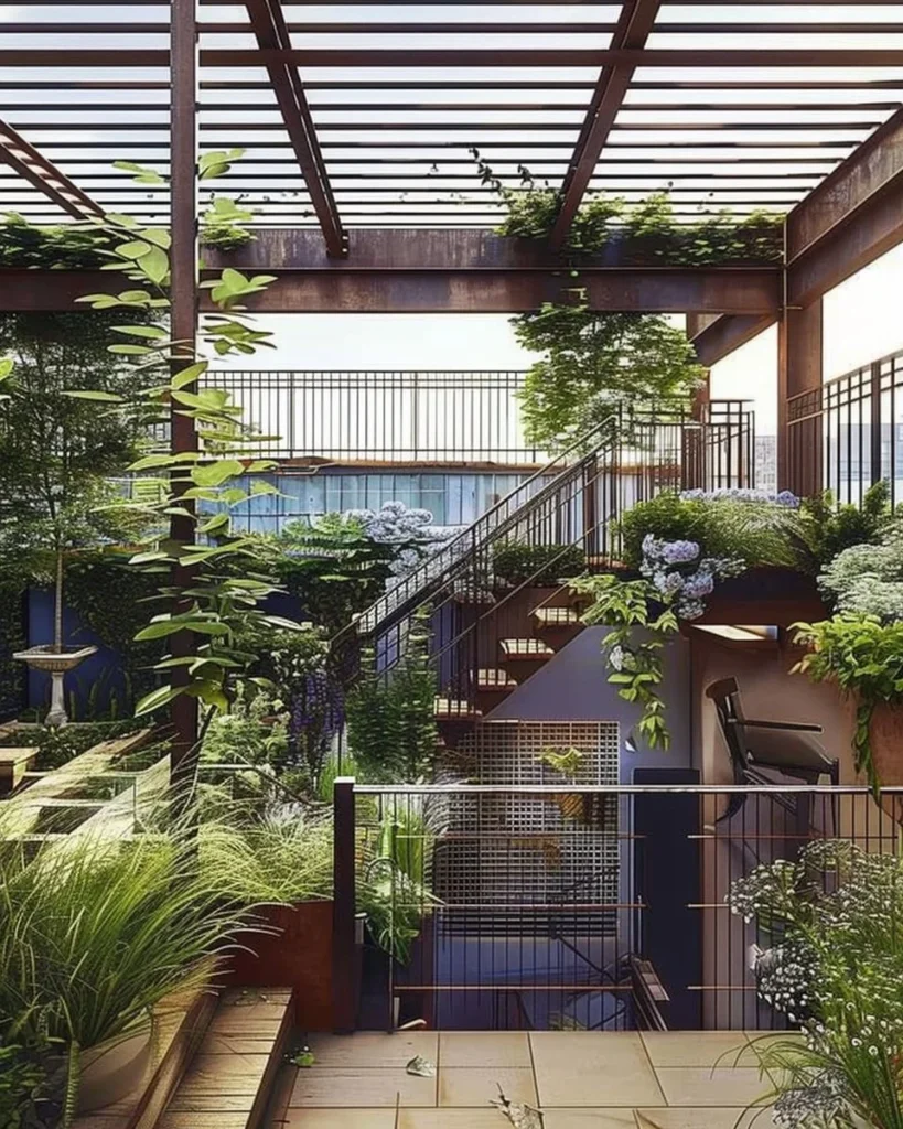 Lush rooftop gardens showcasing beautiful plants and urban views.