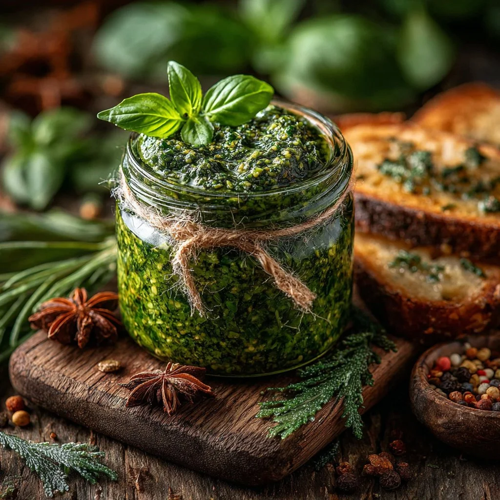 Freshly made zero-waste garden pesto with herbs and vegetables